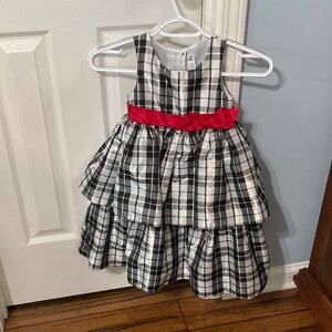 Cherokee Black & White Plaid Tiered Dress with Red Sash